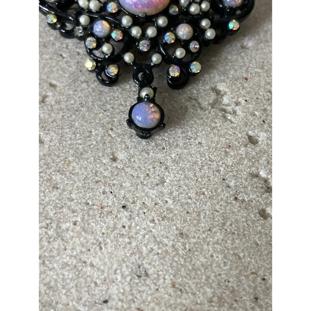 Black Filigree AB Rhinestone‎ Faux Opal Pearl Dangle Brooch Victorian Gothic Pin